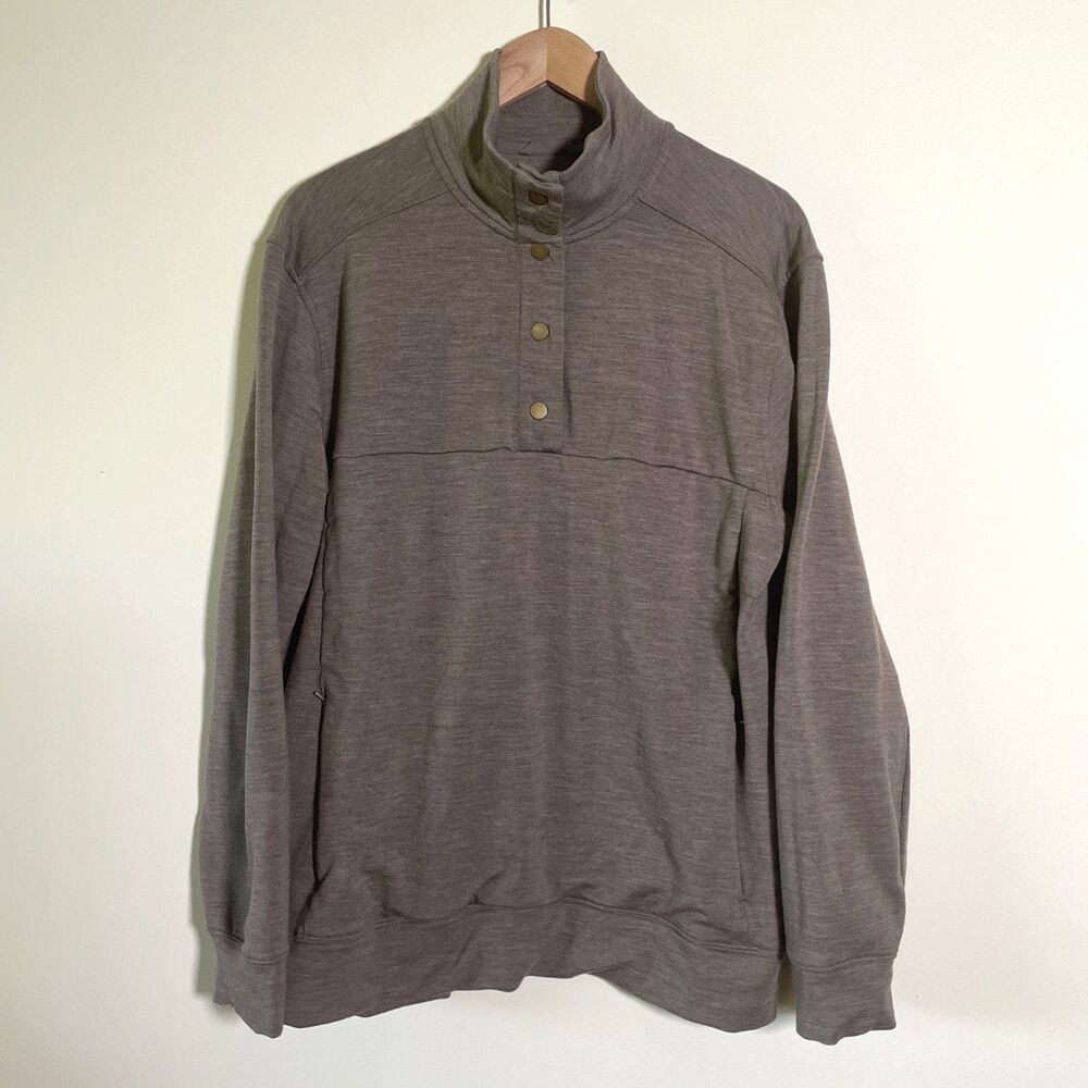 WOOLX Mens Merino Paxton Flex 4 Snap Button Pullover Sweater Stretch Large Brown
